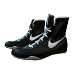 Nike Machomai 2 boxing shoes in black and white, side profile showing mesh upper