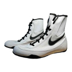 Nike Machomai 2 boxing shoes in white and black, side profile showing lightweight build