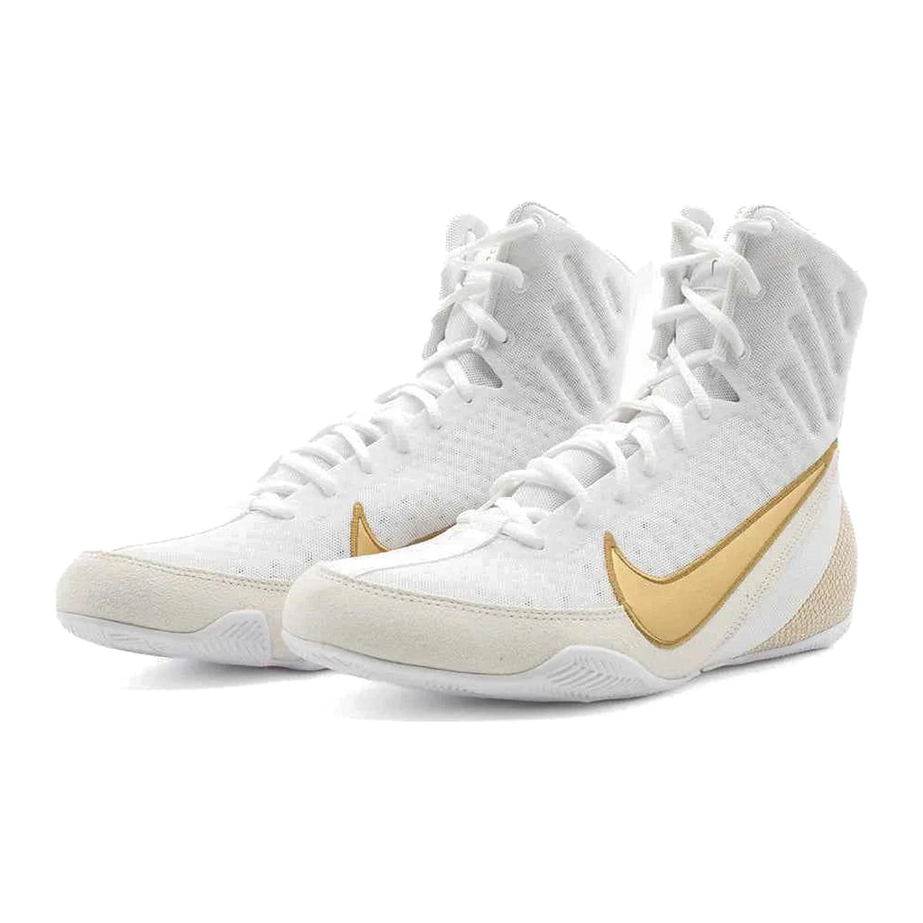 Nike Machomai 2 boxing shoes in white and metallic gold, side profile