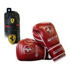 Red and yellow boxing gloves knuckle view with contrast stitching
