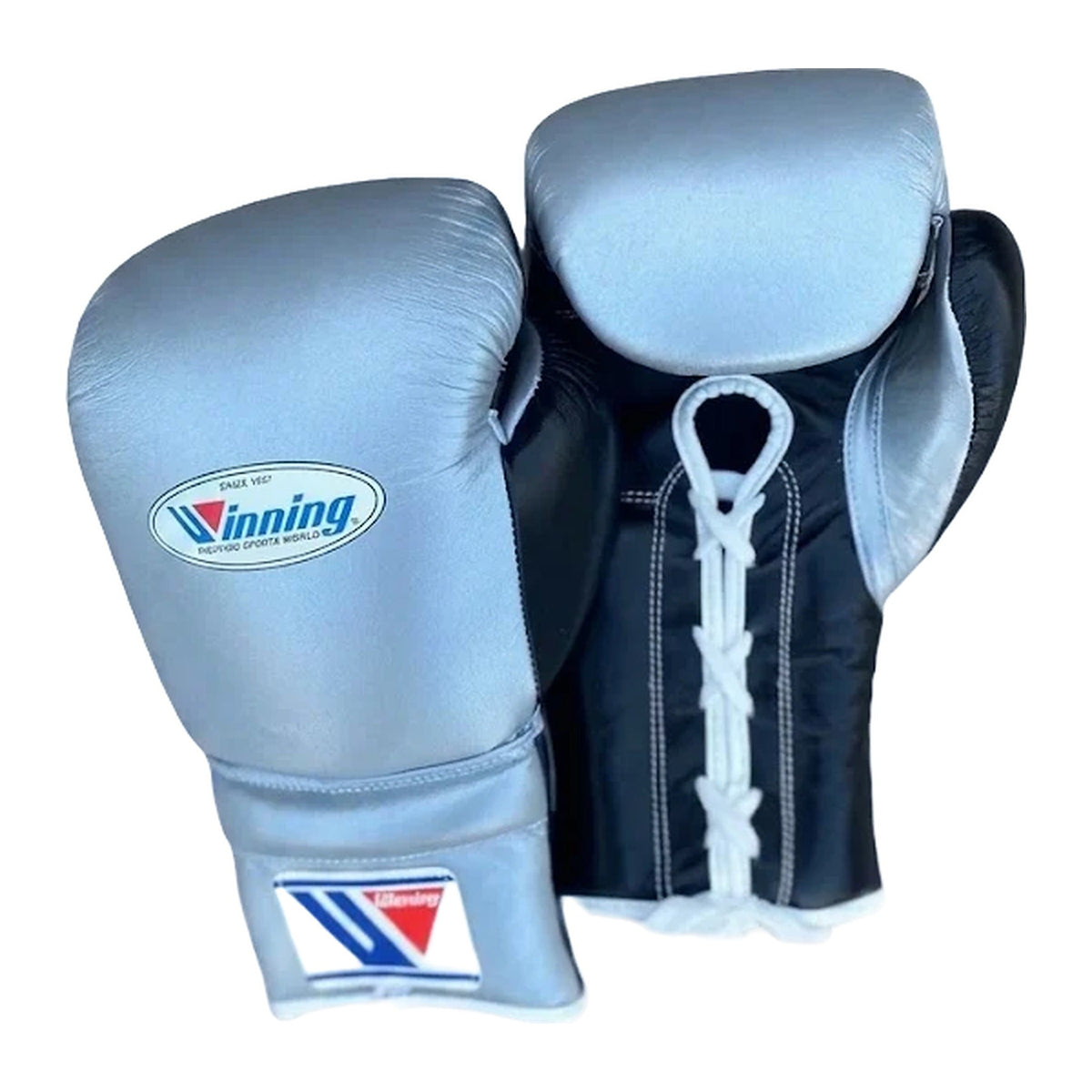 Winning Boxing Gloves Light Blue & Black lace-up training glove, genuine leather, 8oz to 16oz