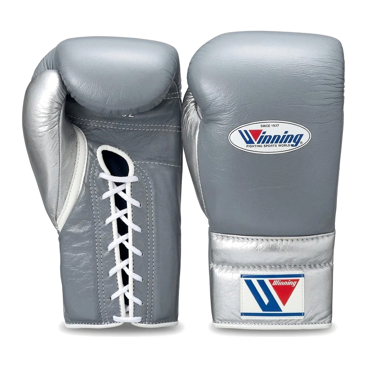 Winning Boxing Gloves Metallic Silver lace-up training glove, genuine leather, 8oz to 16oz