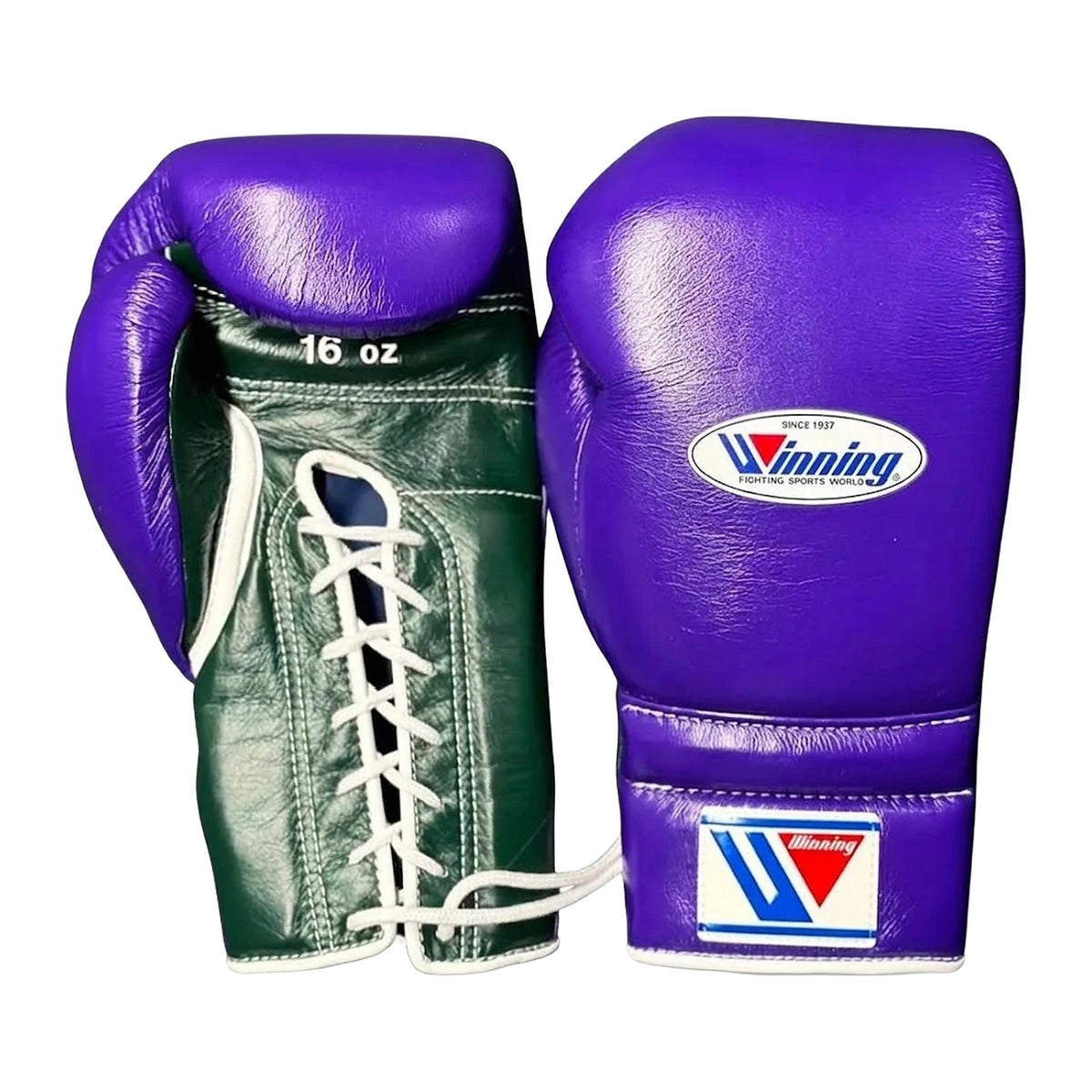 Winning Boxing Gloves Purple & Green lace-up training glove, genuine leather, 8oz to 16oz