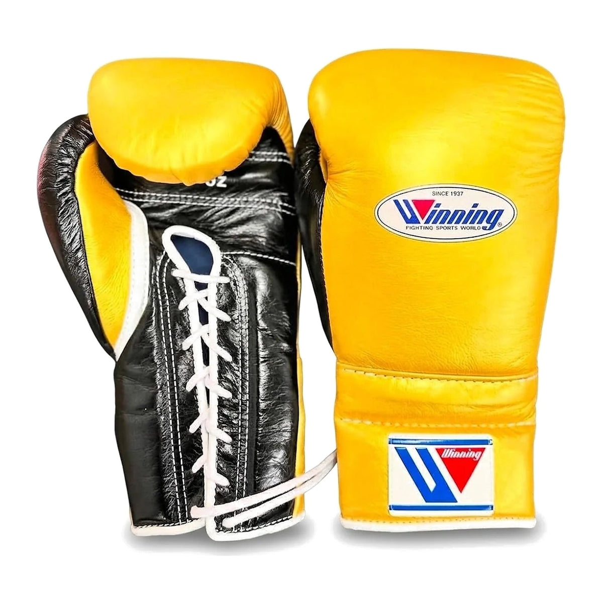 Winning Boxing Gloves Yellow & Black lace-up training glove, genuine leather, 8oz to 16oz