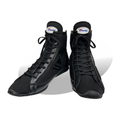 A pair of Winning boxing shoes in a sleek all-black colorway, featuring a high-top design and the Winning logo on the tongue, displayed on a white background.