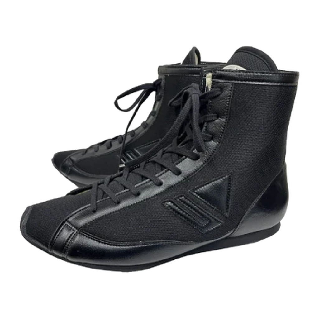 All-black high-top boxing shoes, side profile on white background