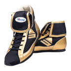 A pair of Winning boxing shoes in a black and gold colorway, featuring a high-top design and the Winning logo on the tongue, displayed on a white background.