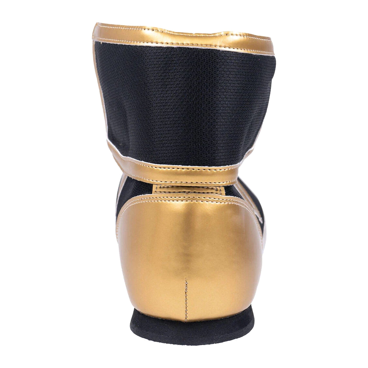 Black and gold high-top boxing shoes, toe box and panelling detail