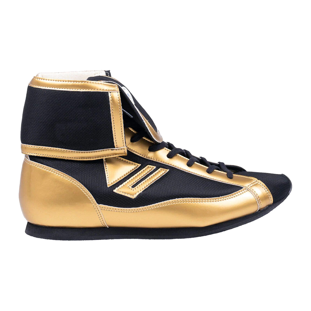 Black and gold high-top boxing shoes, top-down lacing view