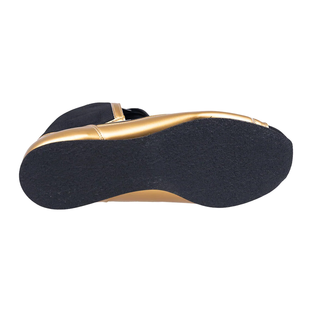 Black and gold high-top boxing shoes, pair shown together on white background