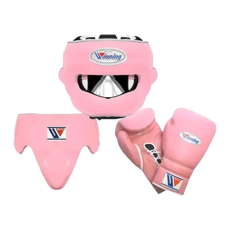 Winning baby pink boxing sparring set with gloves, headgear and groin guard