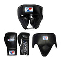Winning black boxing sparring set showing gloves, headgear and groin guard together
