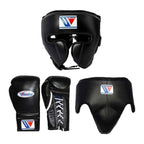 Winning black boxing sparring set showing gloves, headgear and groin guard together