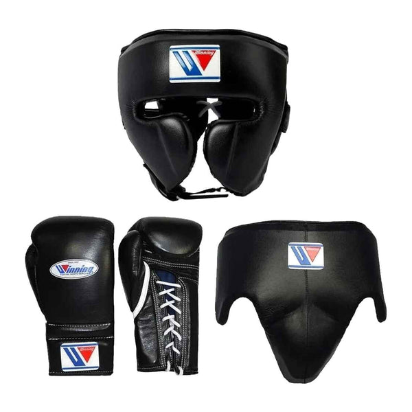 Winning Black Box-Set | Handschuhe 6-16oz, Kopfschutz & Tiefschutz (S-XL)