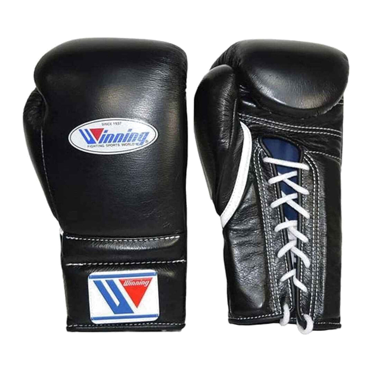 Black Winning lace-up boxing gloves with white laces from the black sparring set