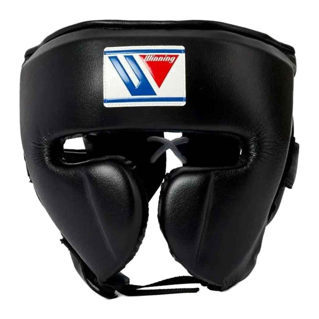 Full black Winning boxing set laid out with gloves, headgear and groin guard