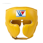 Classic yellow boxing headgear with cheek protection and logo patch