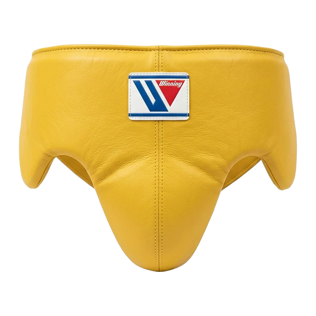 Close-up of the classic yellow headgear logo patch