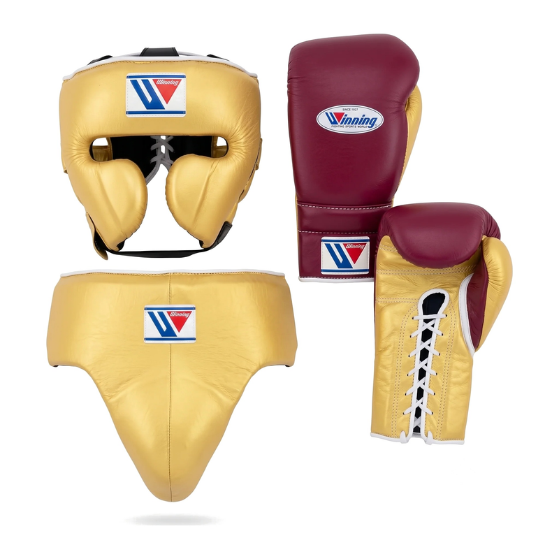 Winning gold and maroon boxing sparring set with lace-up gloves, headgear and groin guard