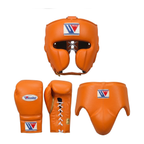 Winning gold and tan boxing sparring set with lace-up gloves, headgear and groin guard