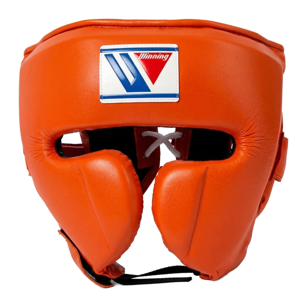 Gold and tan boxing headgear with cheek protection and logo patch