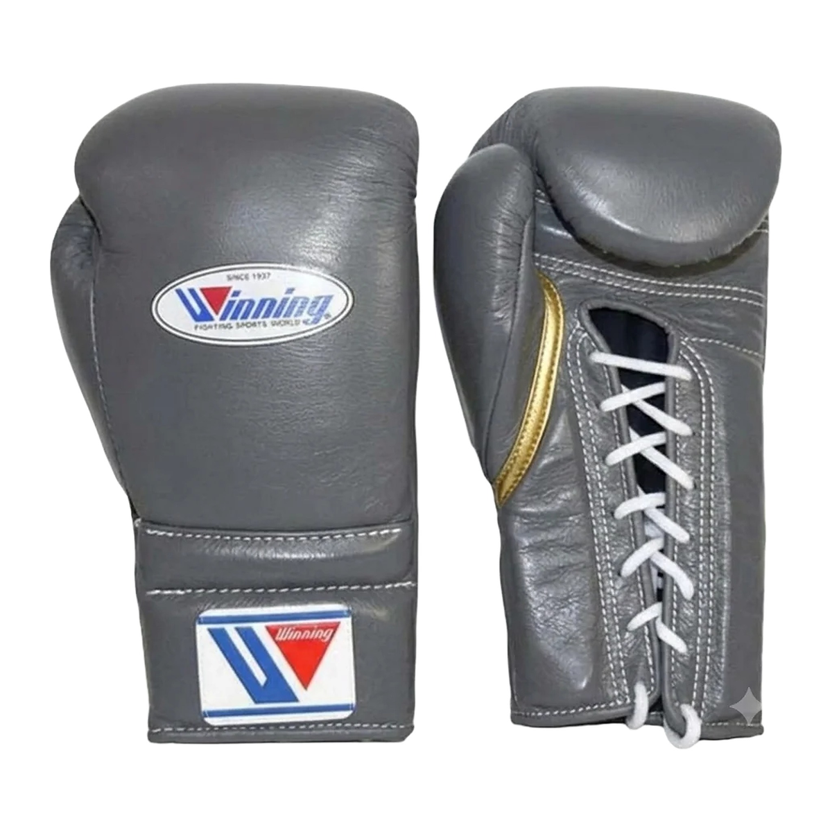 Gray leather lace-up boxing training gloves with white laces