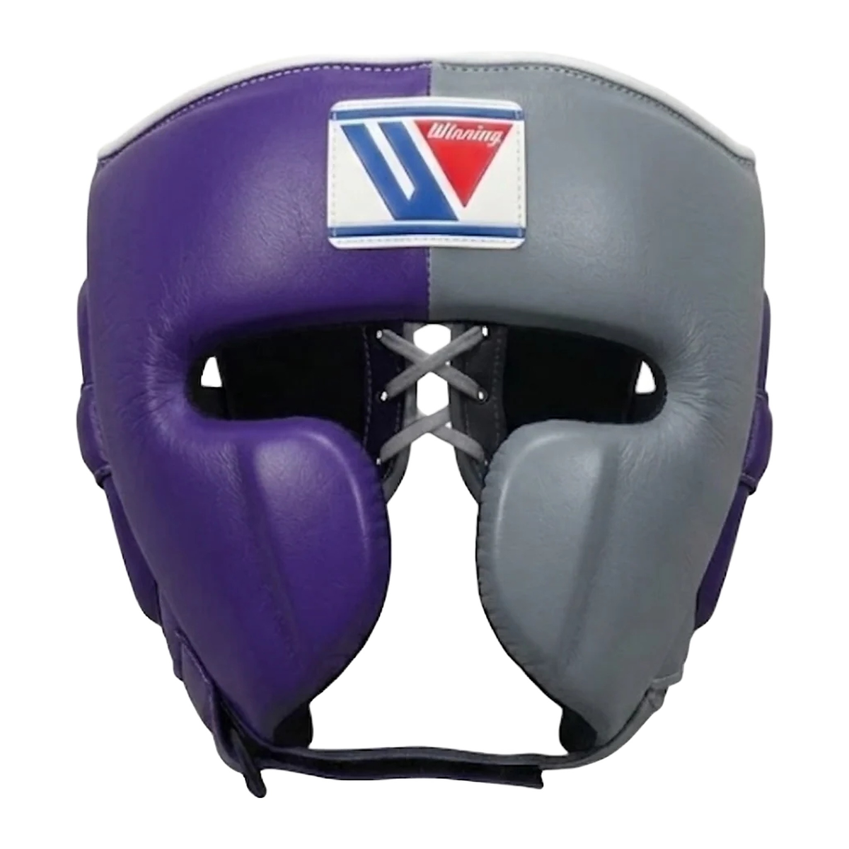 Split-colour gray and purple boxing headgear with cheek protection