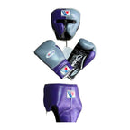 Full metallic gray and purple boxing set with gloves, headgear and groin guard on display