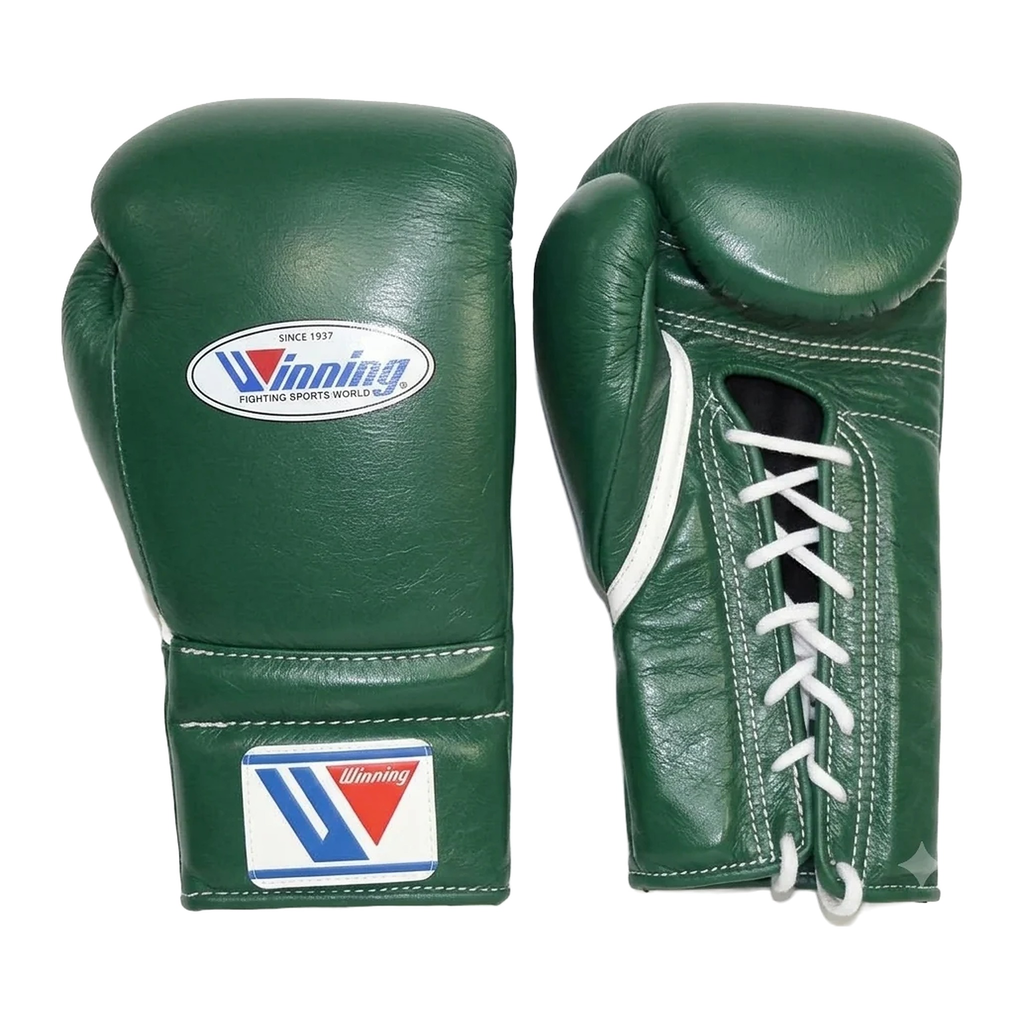 Metallic green leather lace-up boxing training gloves from the sparring set
