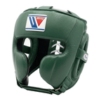Metallic green boxing headgear with cheek protection and logo patch