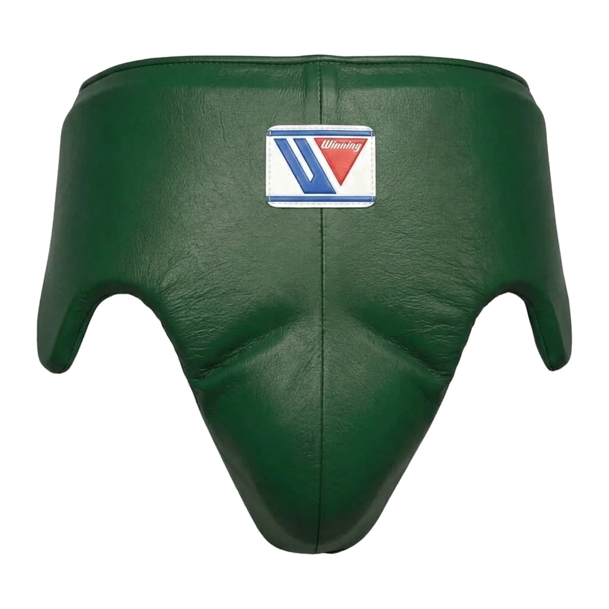Close-up of the metallic green headgear and brand logo patch