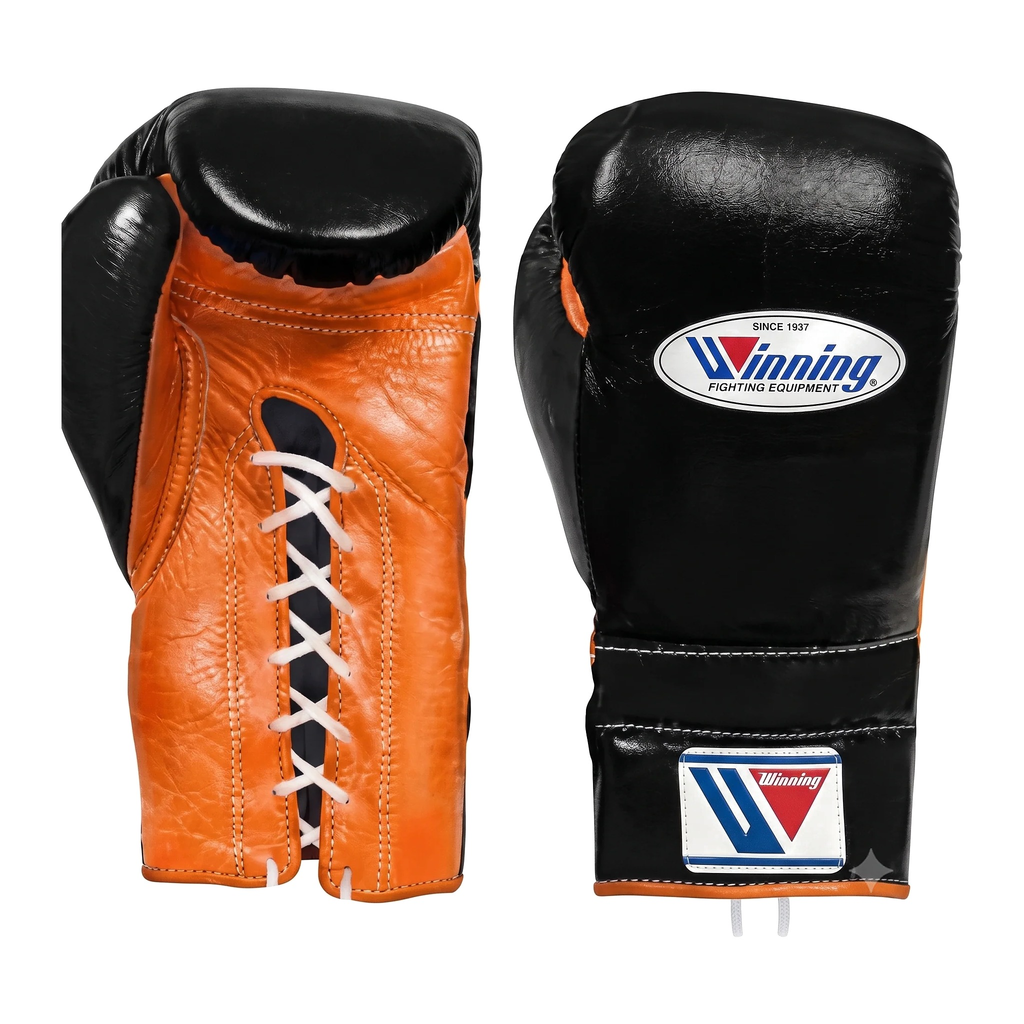 Orange and black leather lace-up boxing gloves from the Winning sparring set