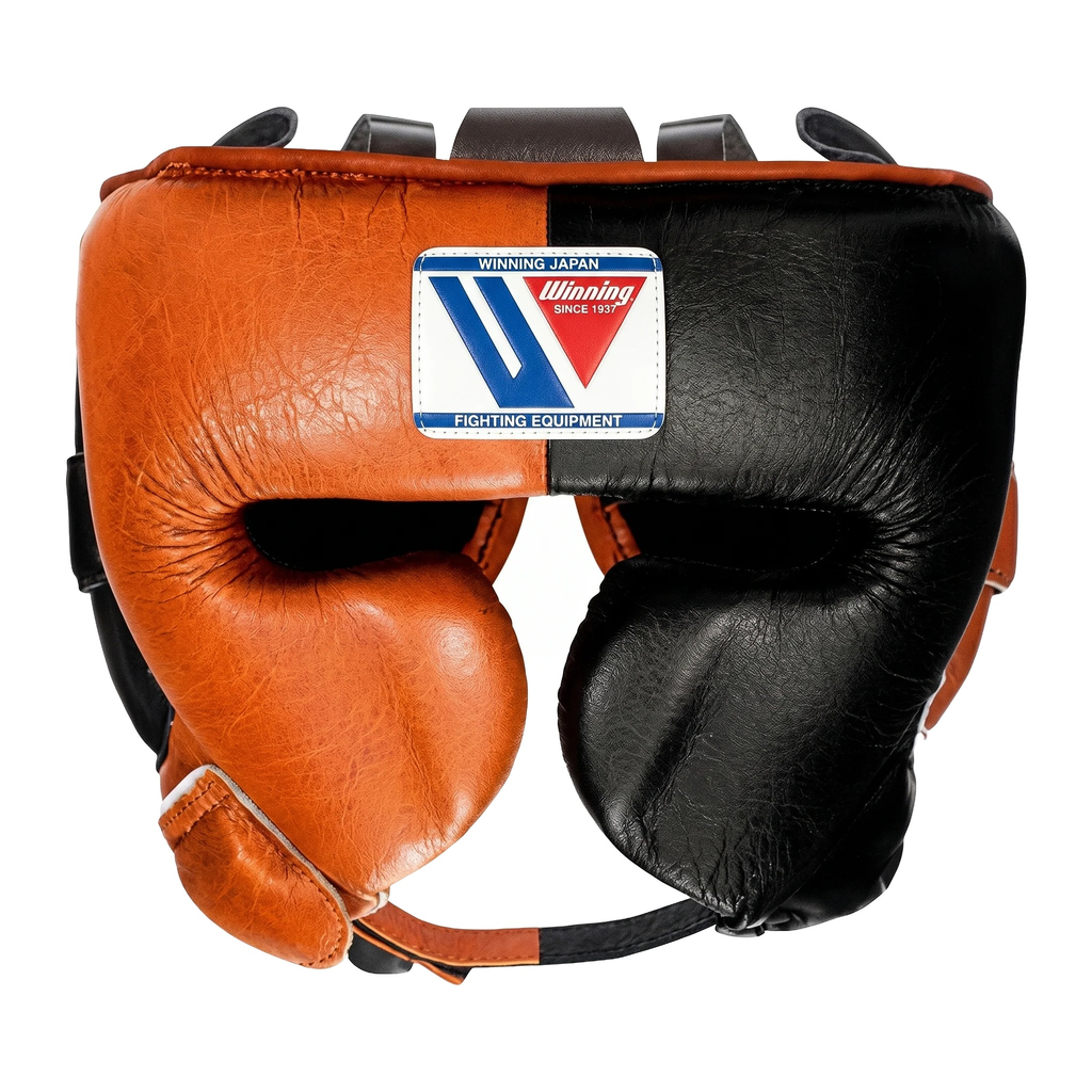 Orange and black split-colour boxing headgear with cheek protection