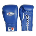 Blue boxing gloves with white laces and Winning logo on a white background