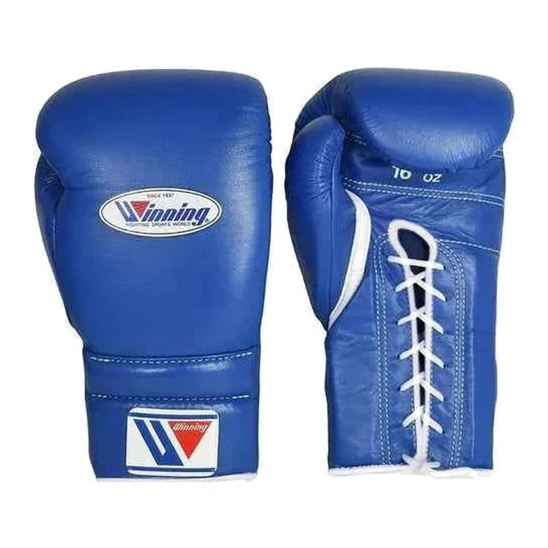 Blue boxing gloves with white laces and Winning logo on a white background