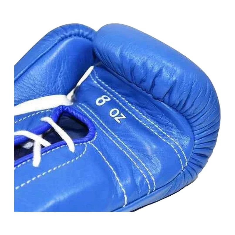 Blue boxing gloves with white laces and Winning logo on a white background