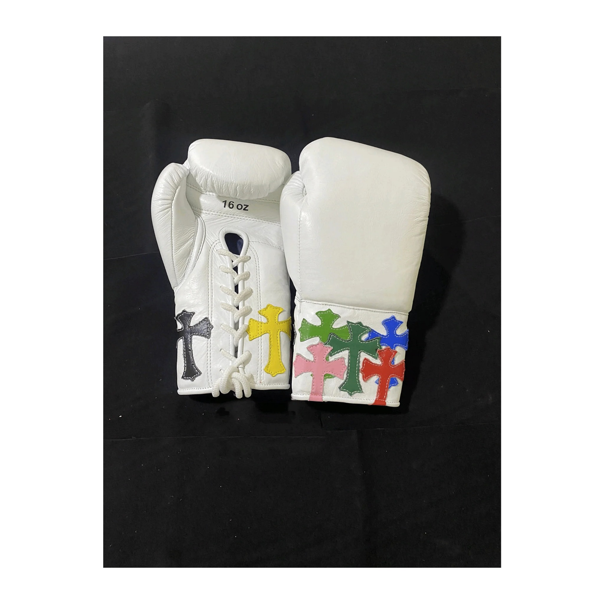 Winning Boxing Gloves White Multi-Colour Cross Patch lace-up glove, genuine leather, 8oz to 16oz