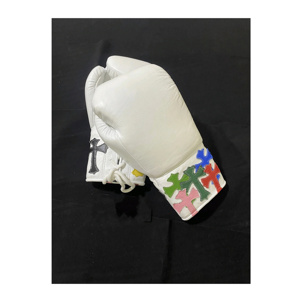 Winning Boxing Gloves White Multi-Colour Cross Patch lace-up glove, cuff detail