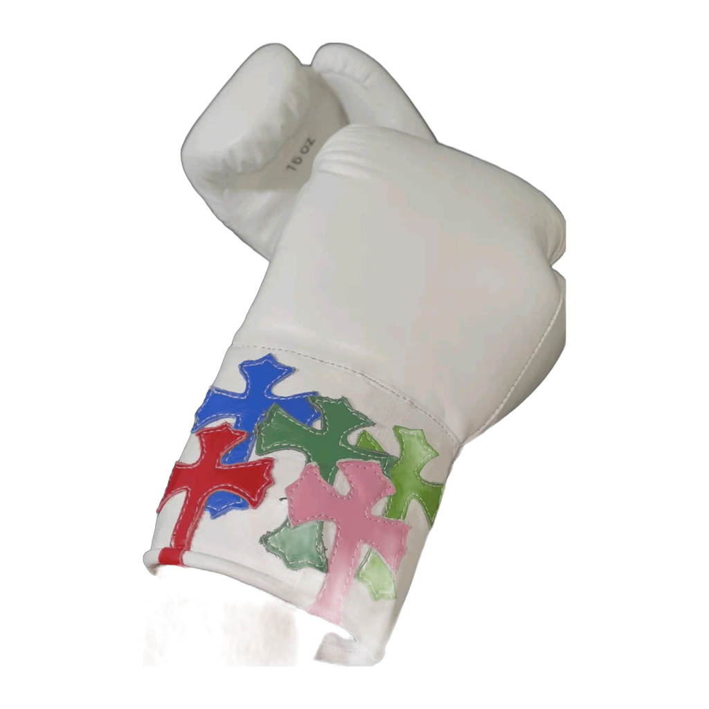 Winning Boxing Gloves White Multi-Colour Cross Patch lace-up glove, pair view